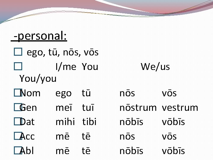 -personal: � ego, tū, nōs, vōs � I/me You/you �Nom ego tū �Gen meī