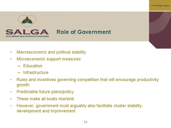 www. salga. org. za Role of Government • Macroeconomic and political stability • Microeconomic