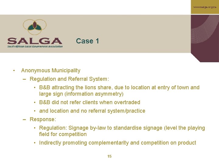 www. salga. org. za Case 1 • Anonymous Municipality – Regulation and Referral System: