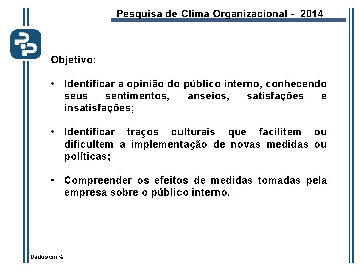 Pesquisa de Clima Organizacional - 2014 Objetivo: • Identificar a opinião do público interno,