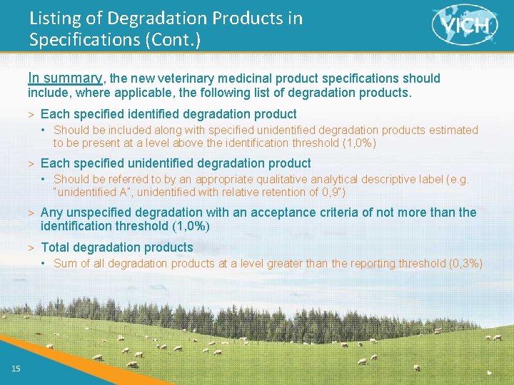 Listing of Degradation Products in Specifications (Cont. ) In summary, the new veterinary medicinal