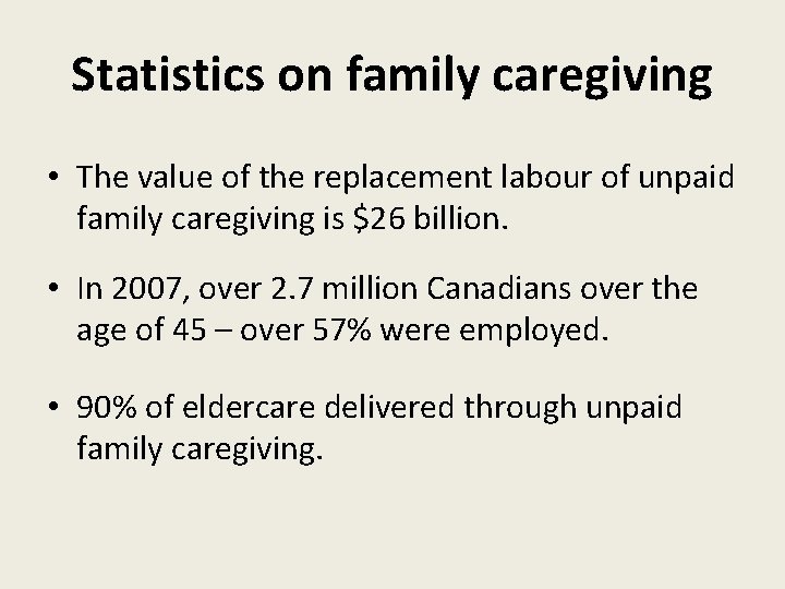 Statistics on family caregiving • The value of the replacement labour of unpaid family
