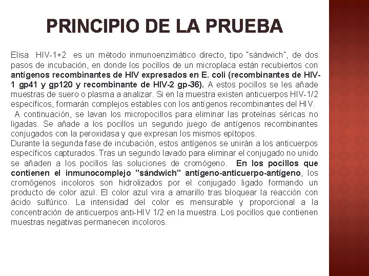 PRINCIPIO DE LA PRUEBA Elisa HIV-1+2 es un método inmunoenzimático directo, tipo “sándwich”, de