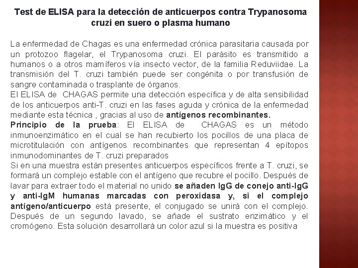 Test de ELISA para la detección de anticuerpos contra Trypanosoma cruzi en suero o