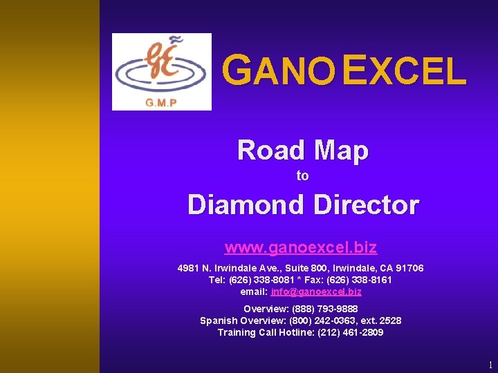 GANO EXCEL Road Map to Diamond Director www. ganoexcel. biz 4981 N. Irwindale Ave.
