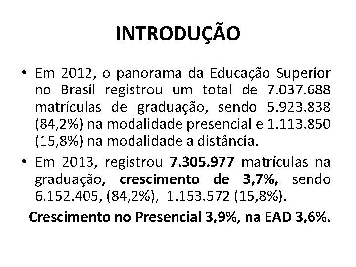 INTRODUÇÃO • Em 2012, o panorama da Educação Superior no Brasil registrou um total