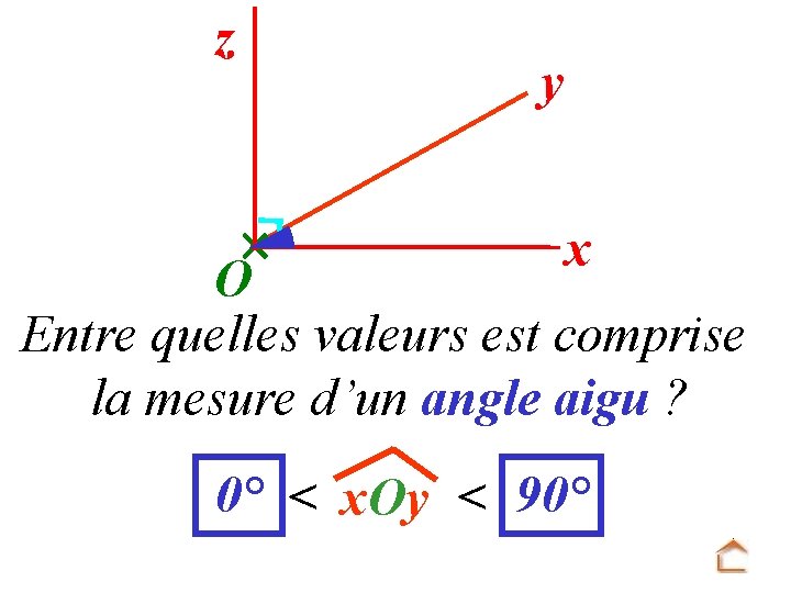 z y x O Entre quelles valeurs est comprise la mesure d’un angle aigu