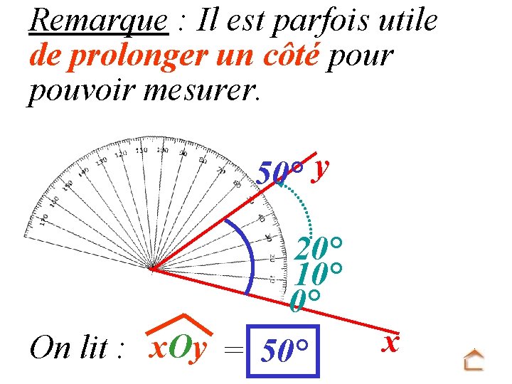 Remarque : Il est parfois utile de prolonger un côté pour pouvoir mesurer. 50°