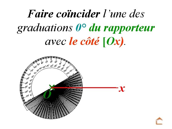 Faire coïncider l’une des graduations 0° du rapporteur avec le côté [Ox). ° °