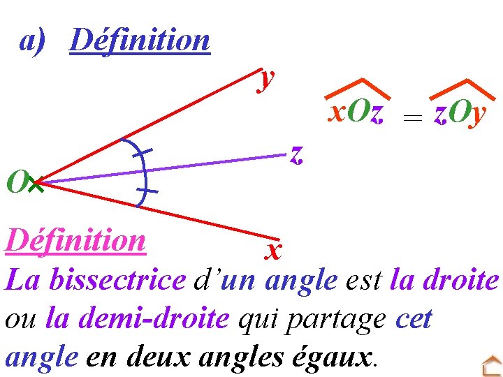 a) Définition O y z x. Oz = z. Oy Définition x La bissectrice