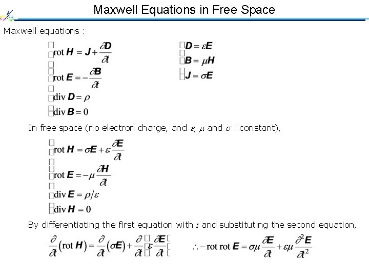 Maxwell Equations in Free Space Maxwell equations : In free space (no electron charge,