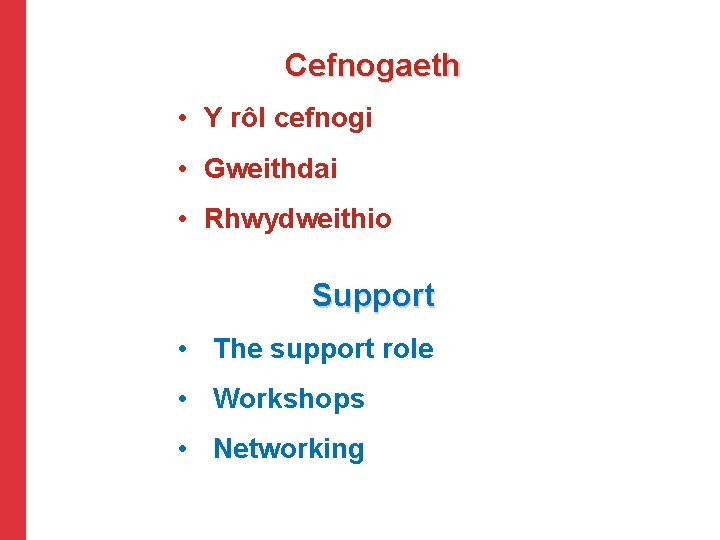 Cefnogaeth • Y rôl cefnogi • Gweithdai • Rhwydweithio Support • The support role