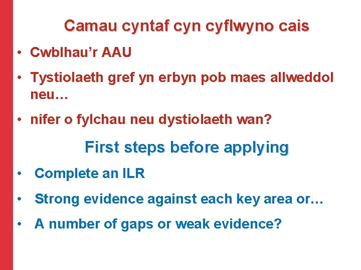 Camau cyntaf cyn cyflwyno cais • Cwblhau’r AAU • Tystiolaeth gref yn erbyn pob