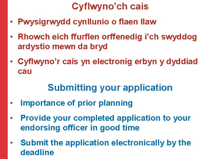 Cyflwyno’ch cais • Pwysigrwydd cynllunio o flaen llaw • Rhowch eich ffurflen orffenedig i’ch