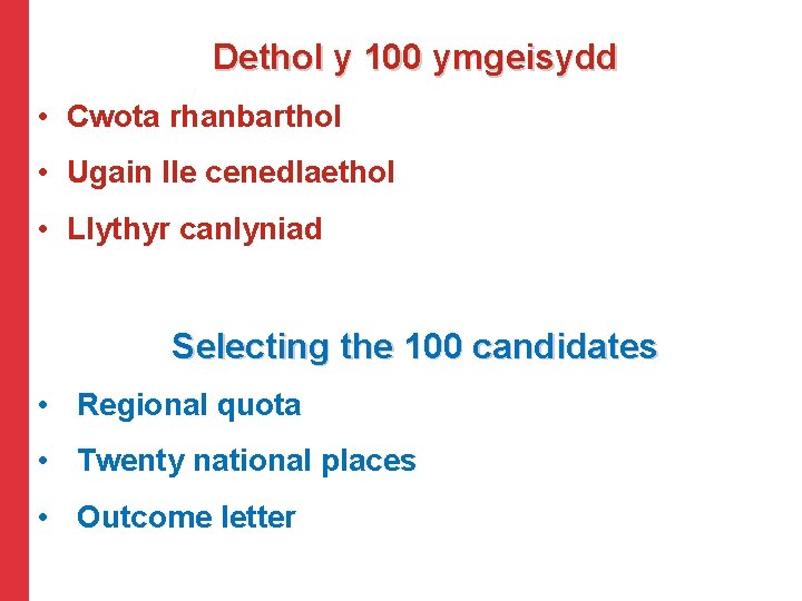 Dethol y 100 ymgeisydd • Cwota rhanbarthol • Ugain lle cenedlaethol • Llythyr canlyniad