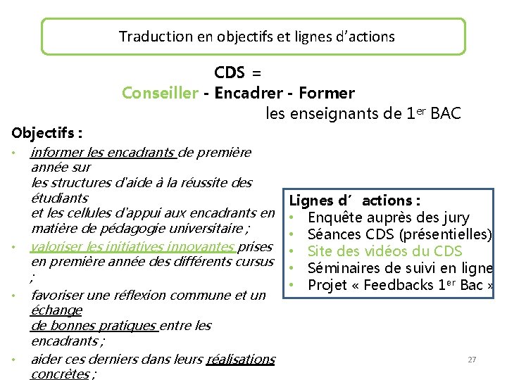 Traduction en objectifs et lignes d’actions CDS = Conseiller - Encadrer - Former les