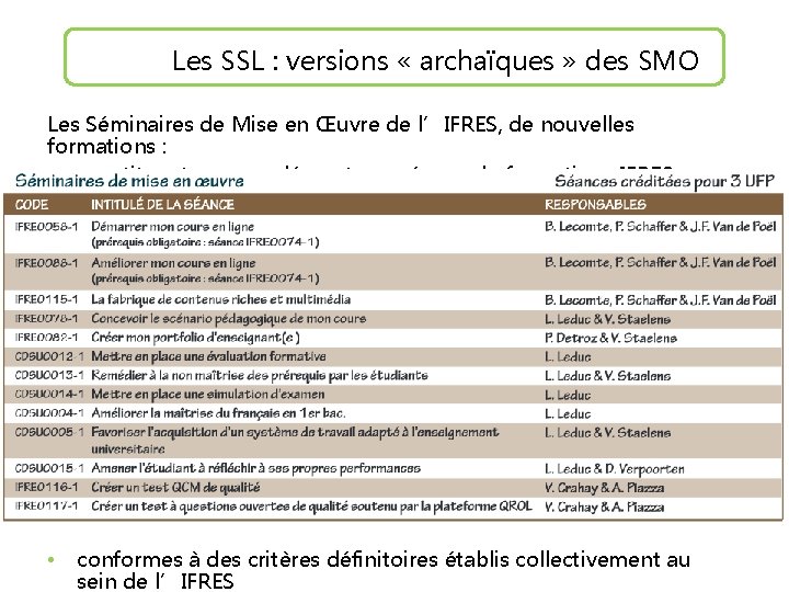 Les SSL : versions « archaïques » des SMO Les Séminaires de Mise en