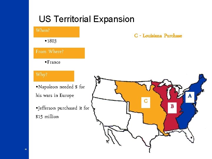 US Territorial Expansion When? • 1803 From Where? • France C - Louisiana Purchase