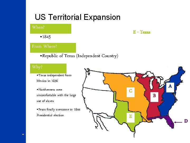 US Territorial Expansion When? E - Texas • 1845 From Where? • Republic of