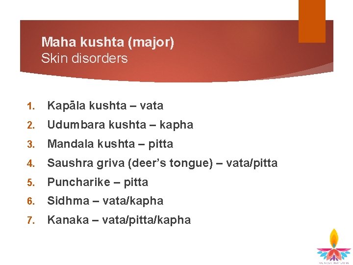 Maha kushta (major) Skin disorders 1. Kapāla kushta – vata 2. Udumbara kushta –