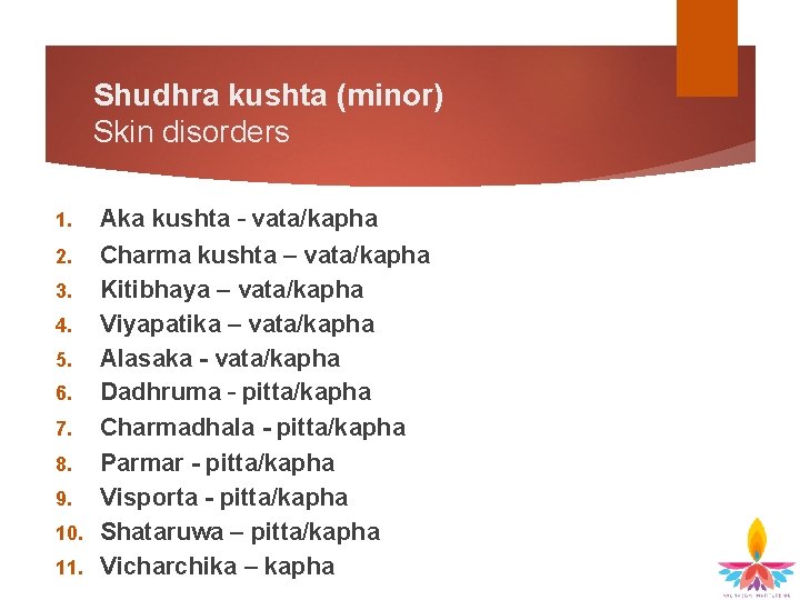 Shudhra kushta (minor) Skin disorders Aka kushta – vata/kapha 2. Charma kushta – vata/kapha
