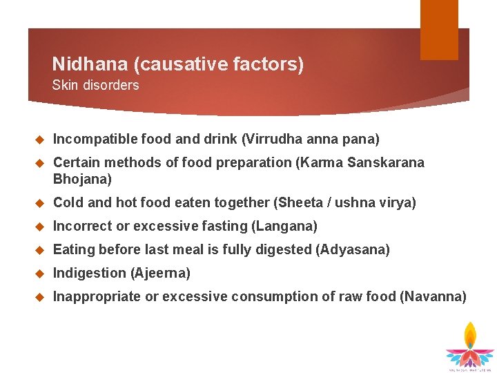 Nidhana (causative factors) Skin disorders Incompatible food and drink (Virrudha anna pana) Certain methods