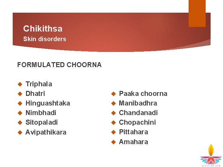 Chikithsa Skin disorders FORMULATED CHOORNA Triphala Dhatri Hinguashtaka Nimbhadi Sitopaladi Avipathikara Paaka choorna Manibadhra