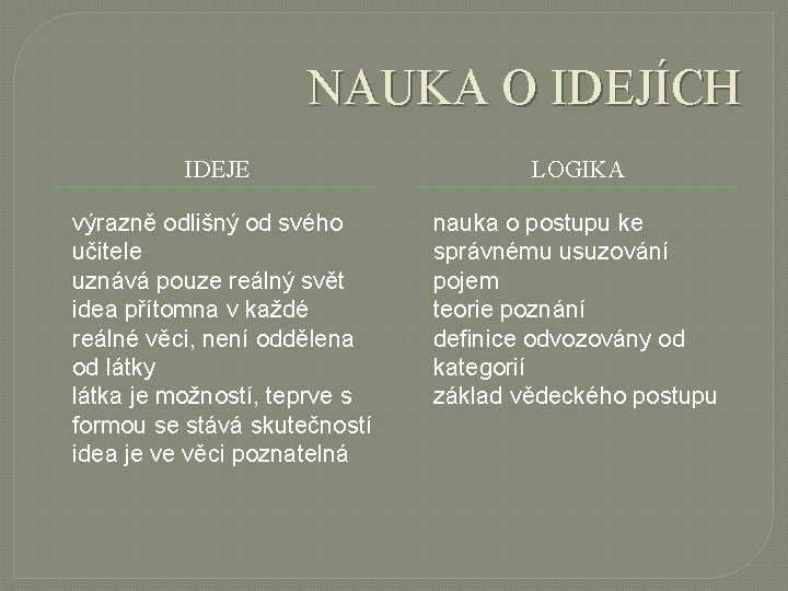 NAUKA O IDEJÍCH IDEJE výrazně odlišný od svého učitele uznává pouze reálný svět idea