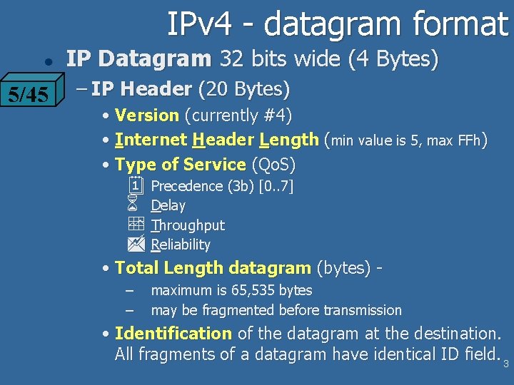IPv 4 - datagram format l 5/45 IP Datagram 32 bits wide (4 Bytes) IPv 4 - datagram format l 5/45 IP Datagram 32 bits wide (4 Bytes)