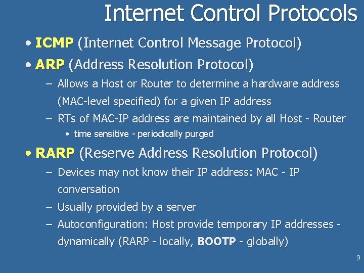Internet Control Protocols • ICMP (Internet Control Message Protocol) • ARP (Address Resolution Protocol) Internet Control Protocols • ICMP (Internet Control Message Protocol) • ARP (Address Resolution Protocol)