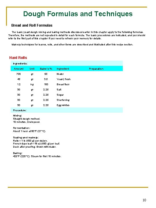 Dough Formulas and Techniques Bread and Roll Formulas The basic yeast dough mixing and