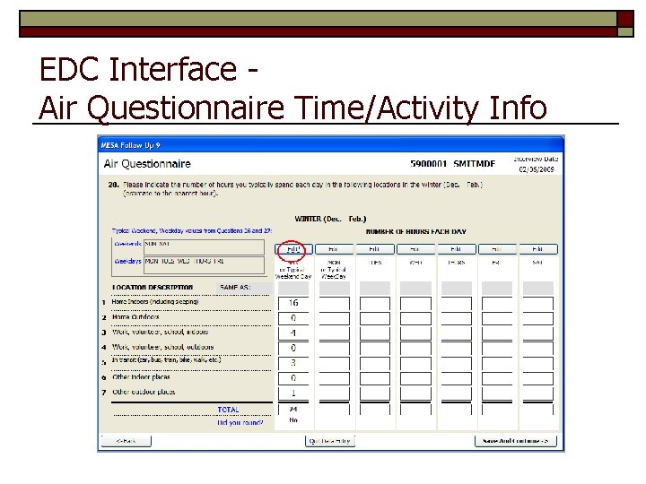 EDC Interface Air Questionnaire Time/Activity Info 