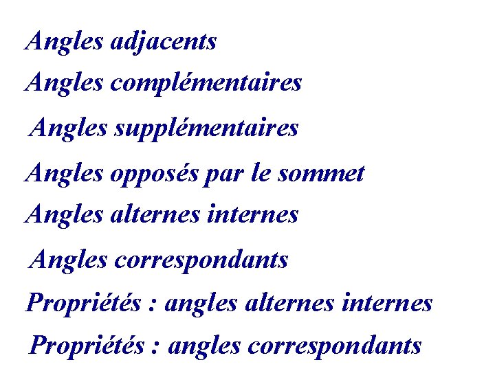 Angles adjacents Angles complémentaires Angles supplémentaires Angles opposés par le sommet Angles alternes internes