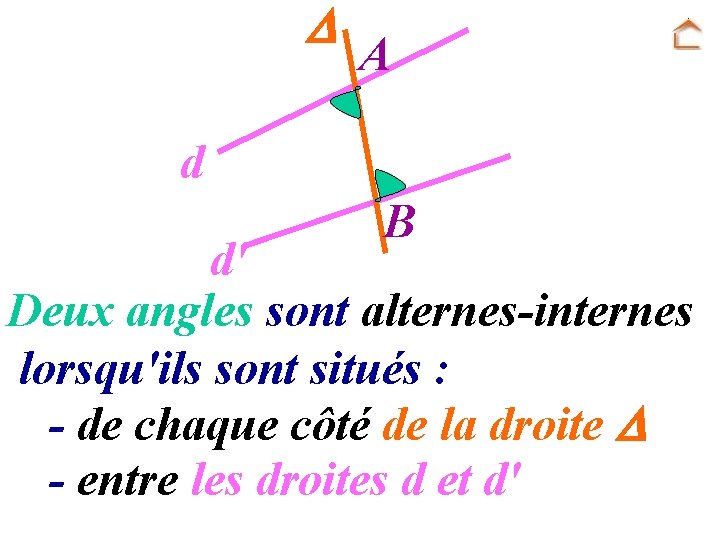  A d B d' Deux angles sont alternes-internes lorsqu'ils sont situés : -