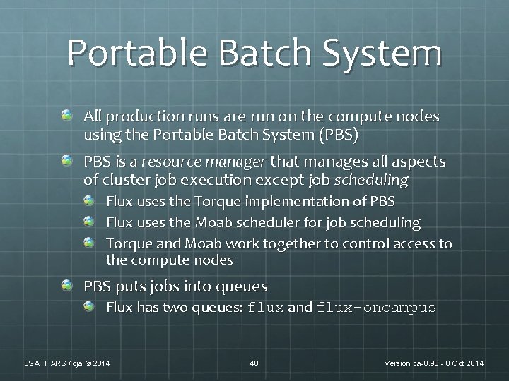 Portable Batch System All production runs are run on the compute nodes using the Portable Batch System All production runs are run on the compute nodes using the
