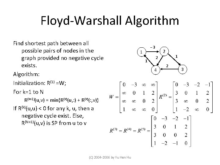 Floyd-Warshall Algorithm Find shortest path between all possible pairs of nodes in the graph