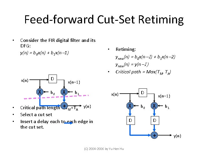 Feed-forward Cut-Set Retiming • Consider the FIR digital filter and its DFG: y(n) =