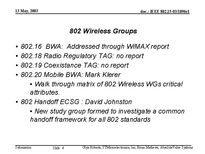 13 May, 2003 doc. : IEEE 802. 15 -03/1896 r 1 802 Wireless Groups