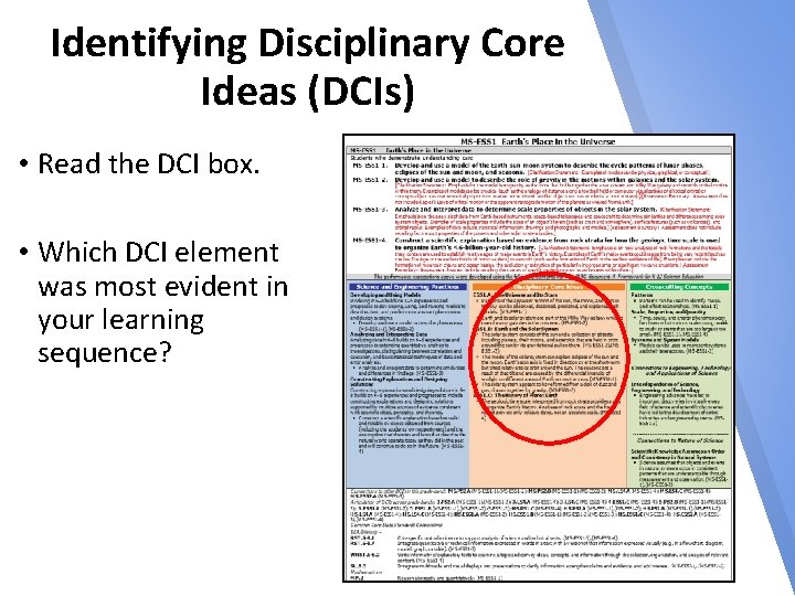 Identifying Disciplinary Core Ideas (DCIs) • Read the DCI box. • Which DCI element