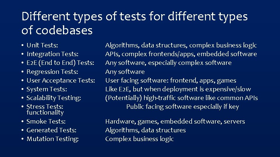 Different types of tests for different types of codebases Unit Tests: Integration Tests: E