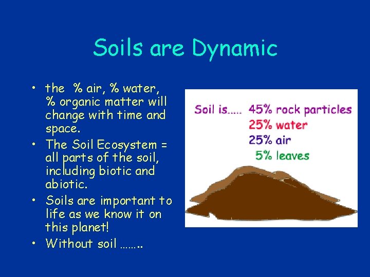 Soils are Dynamic • the % air, % water, % organic matter will change