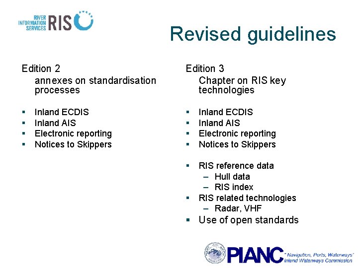 Revised guidelines Edition 2 annexes on standardisation processes Edition 3 Chapter on RIS key