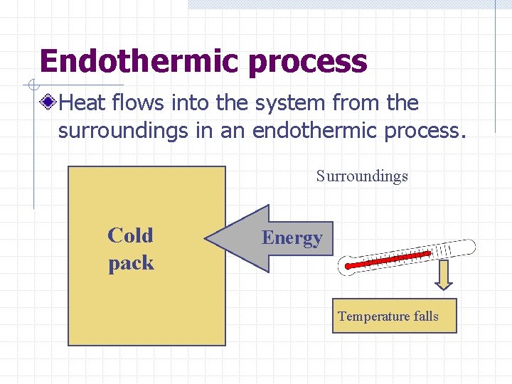 Endothermic process Heat flows into the system from the surroundings in an endothermic process.