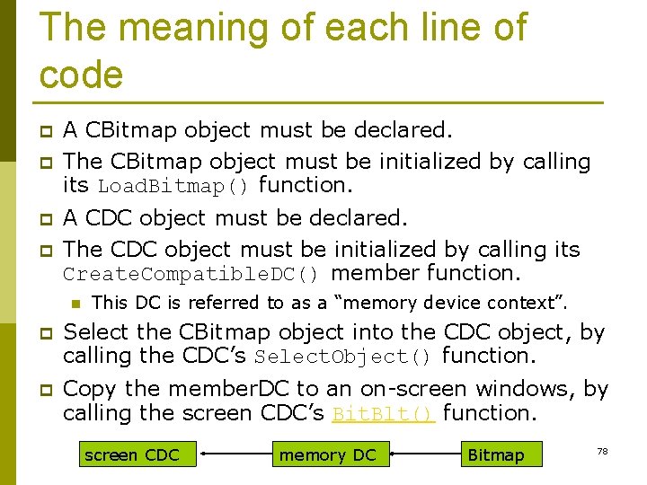 The meaning of each line of code p p A CBitmap object must be