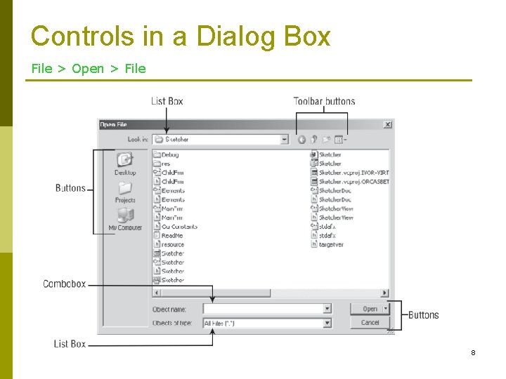 Controls in a Dialog Box File > Open > File 8 