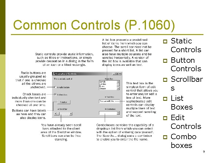 Common Controls (P. 1060) p p p Static Controls Button Controls Scrollbar s List