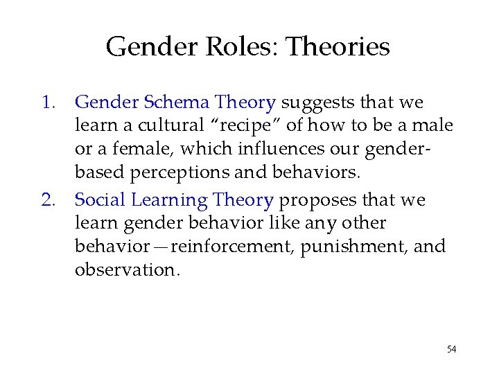 Gender Roles: Theories 1. Gender Schema Theory suggests that we learn a cultural “recipe”
