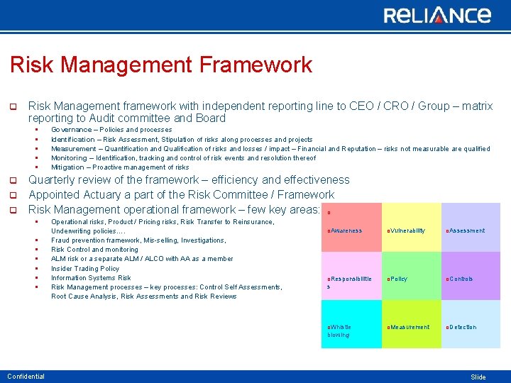 Risk Management Framework q Risk Management framework with independent reporting line to CEO /