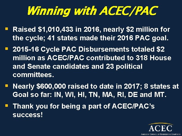 Winning with ACEC/PAC § Raised $1, 010, 433 in 2016, nearly $2 million for