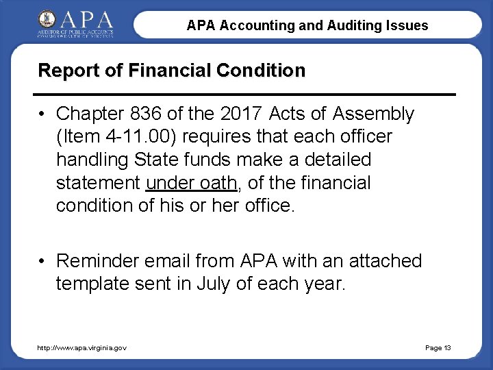 APA Accounting and Auditing Issues Report of Financial Condition • Chapter 836 of the